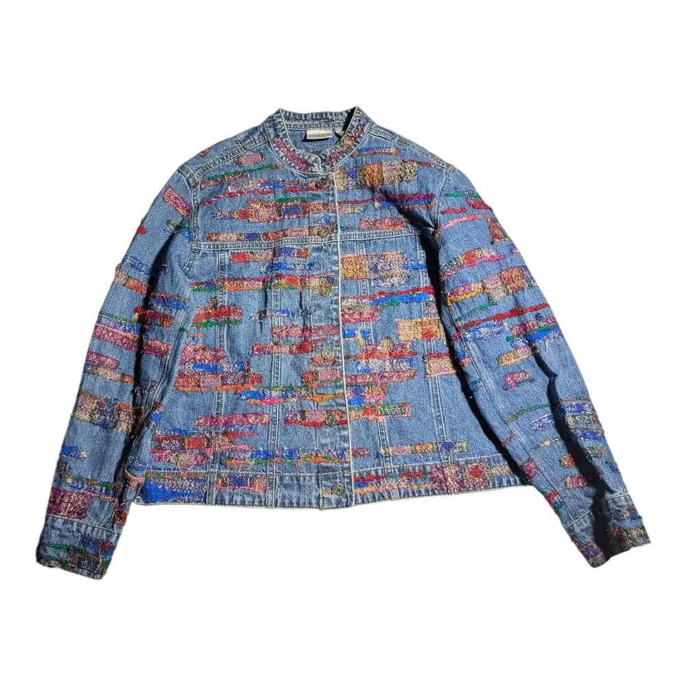 Vtg 1990s Chico's Blue Light Wash Colorful Patchwork Collarless Denim Jacket 1 M